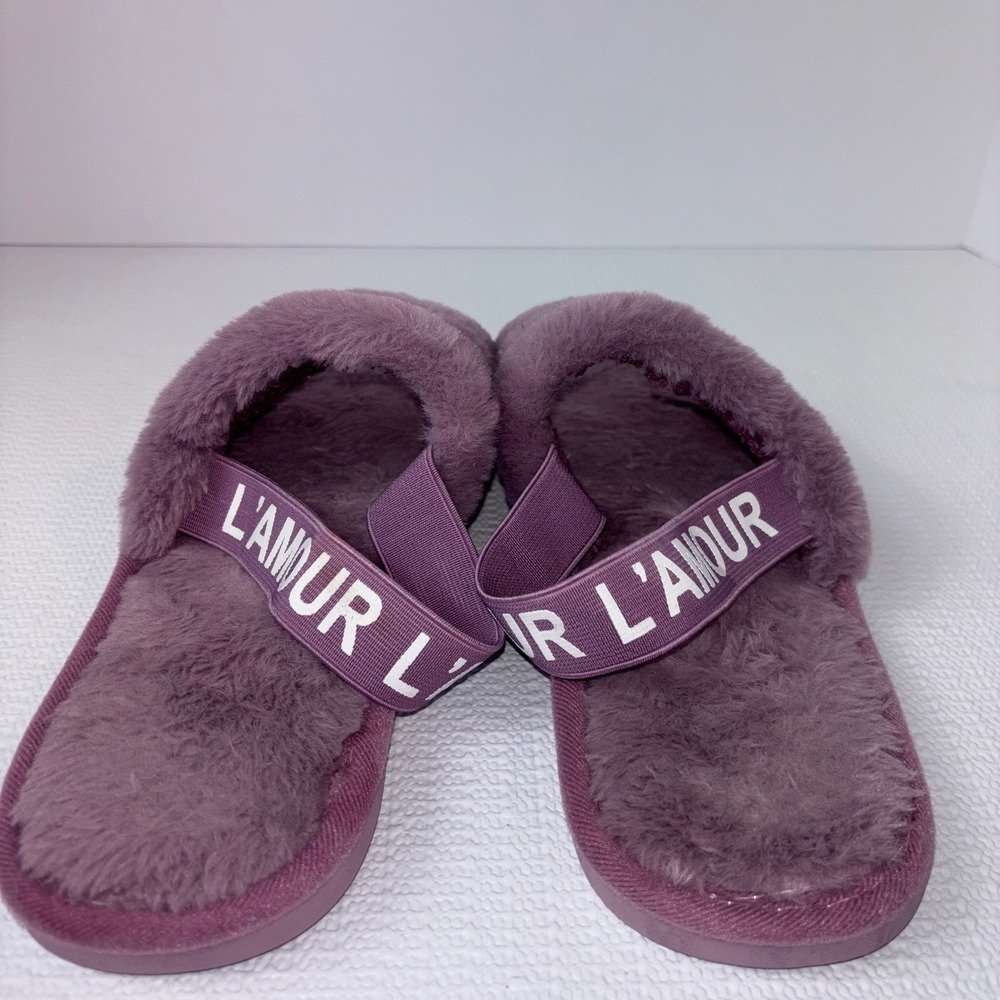 Womens Purple Fuzzy Plush L'Amour‎ Open Toe Slide Slippers - Picture 3 of 6